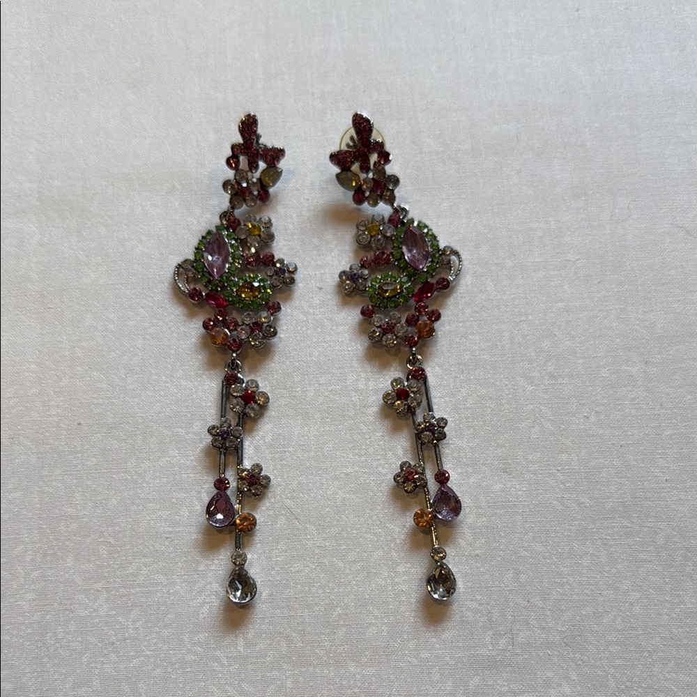 Antique Gold Floral Dangle Earrings with Deep Red and Green Crystals